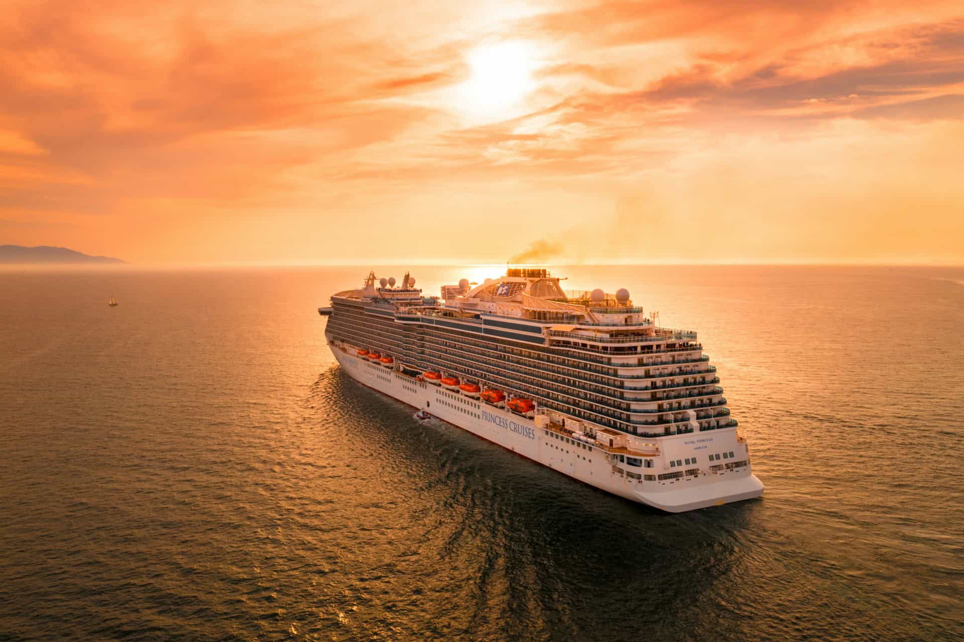 Cruise Ship with Bright Yellow Sunset
